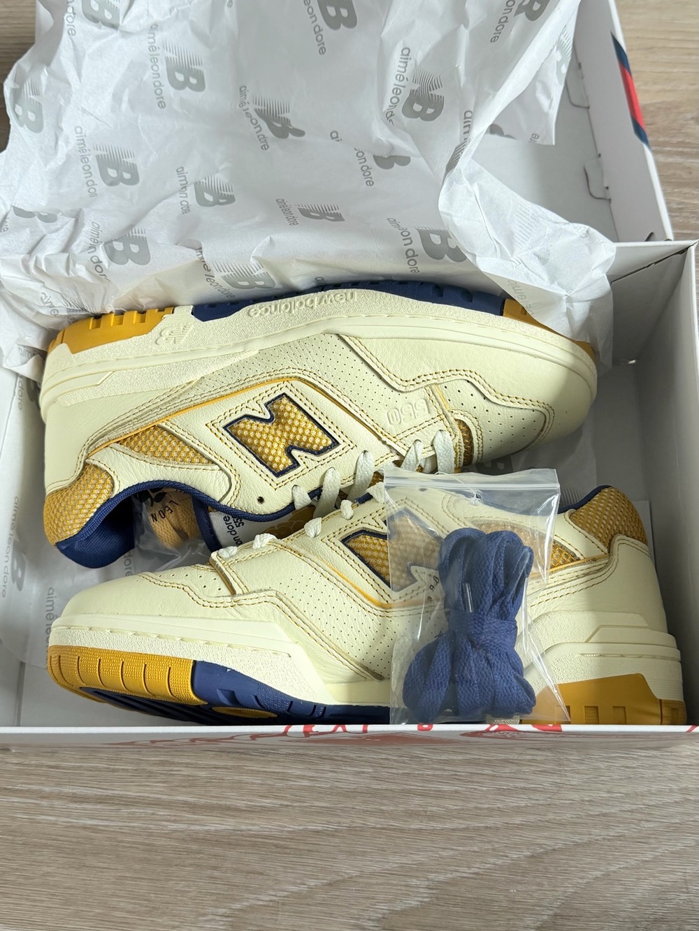 New Balance x Aime Leon DoreCream and Mustard Low-Top Sneakers with Navy Accents